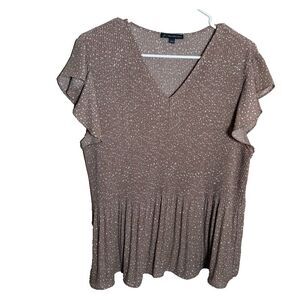 Adrianna Papell Blouse Women's Large Brown Polka Dot Pleated V-Neck Ruffle Top